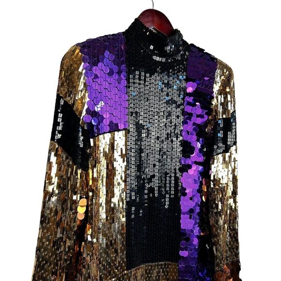 CEDARS VINTAGE SILK SEQUIN PARTY DRESS SIZE 4 Gold Purple Mini Long Sleeve 80s - Picture 11 of 16
